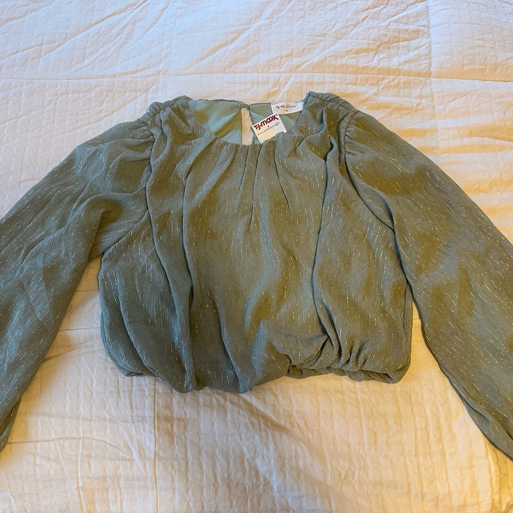 NWT Down By The River Ladies LS Sage Green Puff Blouse Crop Top Medium
